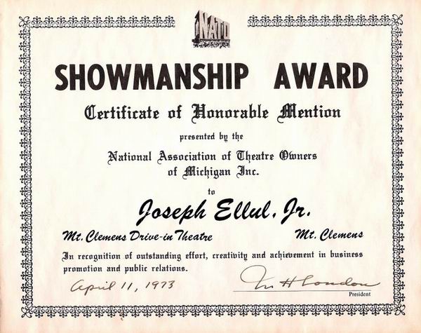 Mt Clemens Drive-In Theatre - Showmanship Award Courtesy Joe Ellul Jr (newer photo)